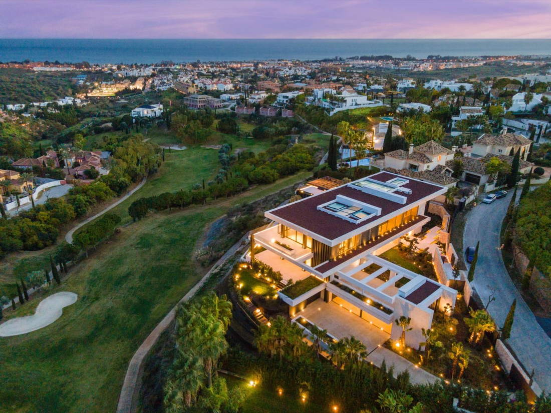 Aerial view of the coast between Marbella and Estepona at dusk